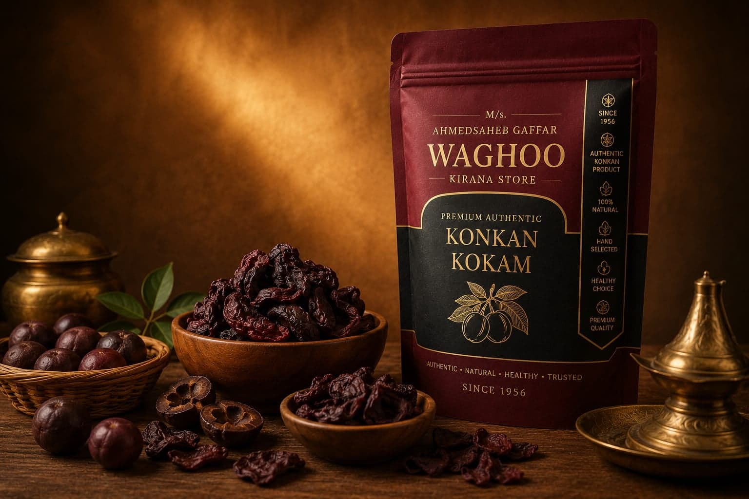 Pouch of dried kokam beside a bowl of dried kokam rind.