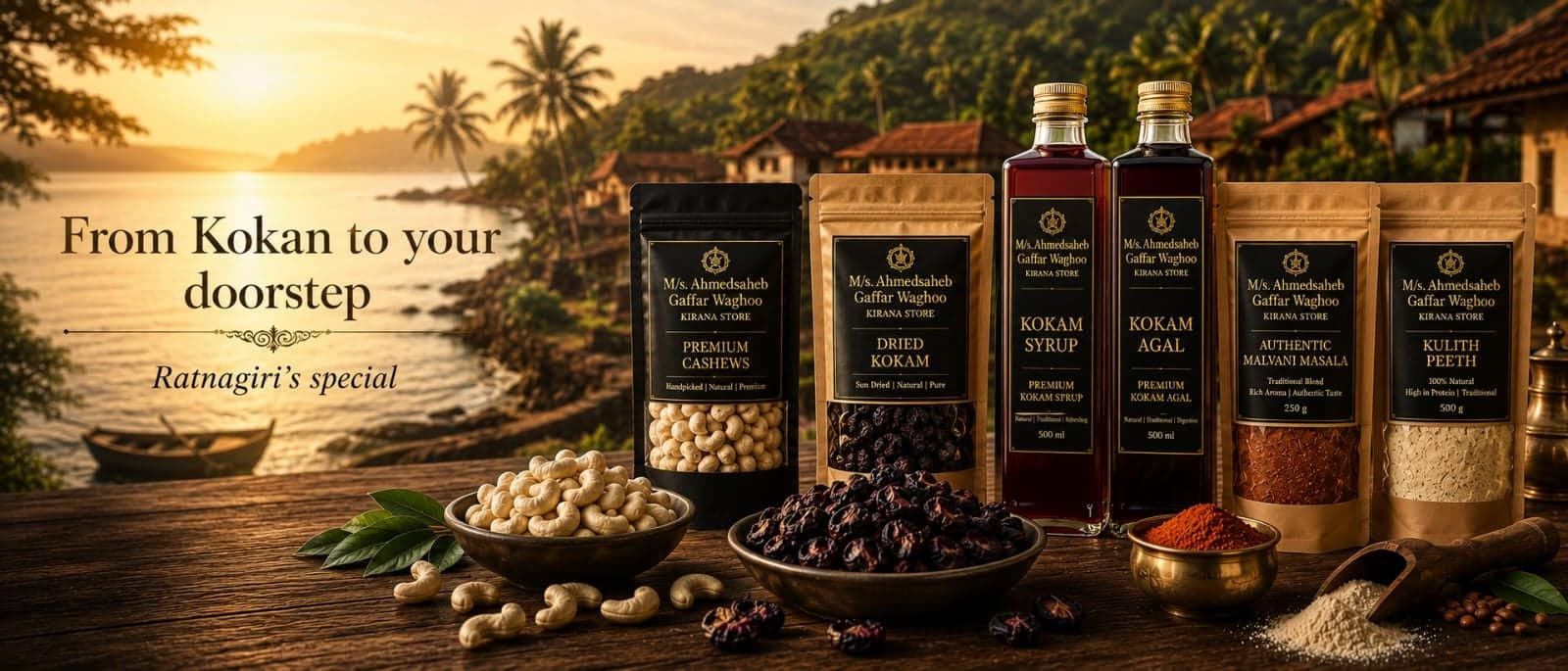 Premium cashews, dried kokam, kokam syrup and agal, Malvani masala, and kulith peeth displayed on a wooden table with the Kokan coastline at sunset behind them.