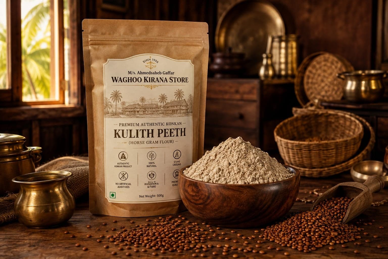 Pouch of kulith peeth beside a bowl of stone-ground horse gram flour.