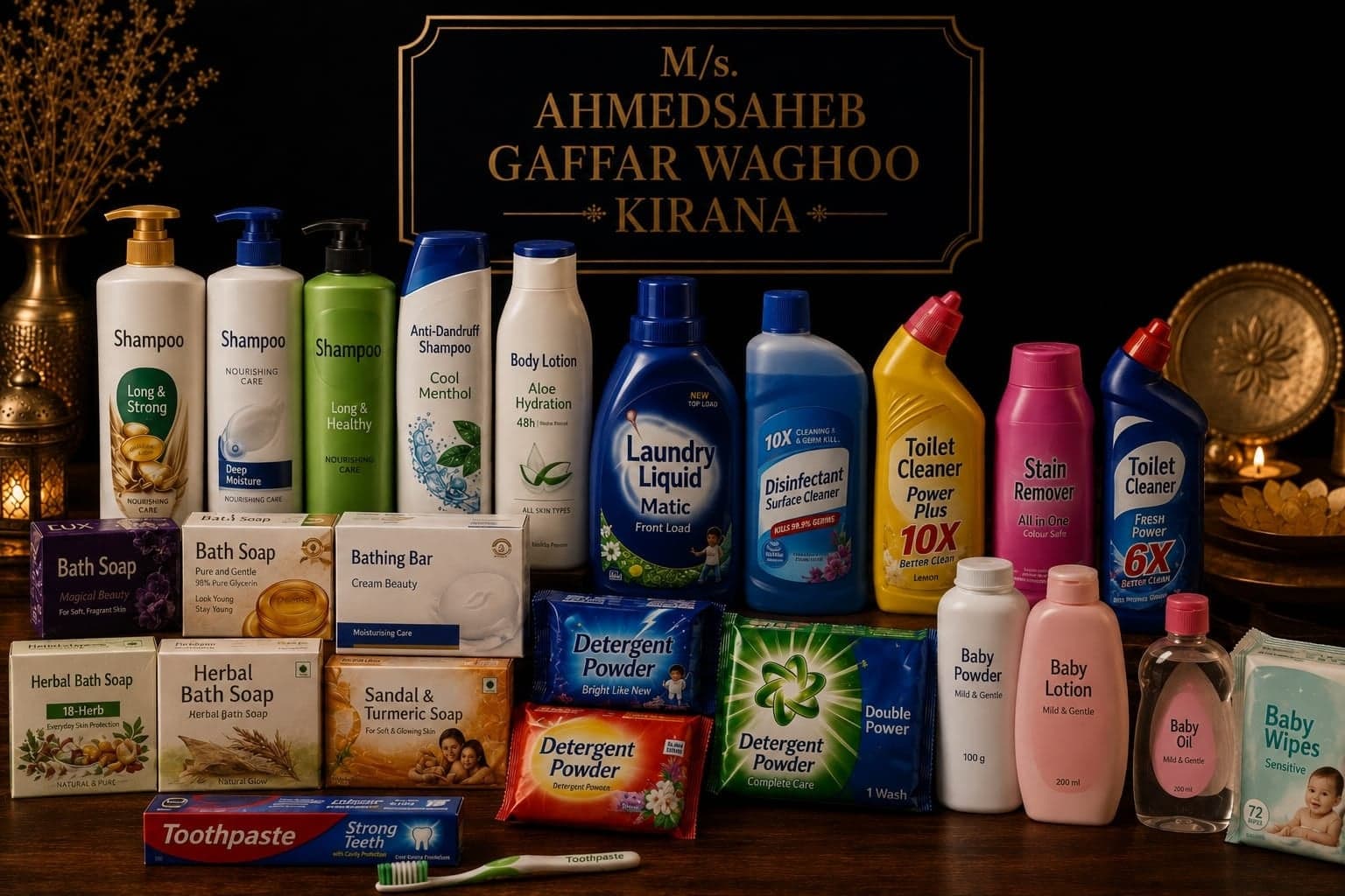 Shampoo, soap, and cleaning products on the shelf.