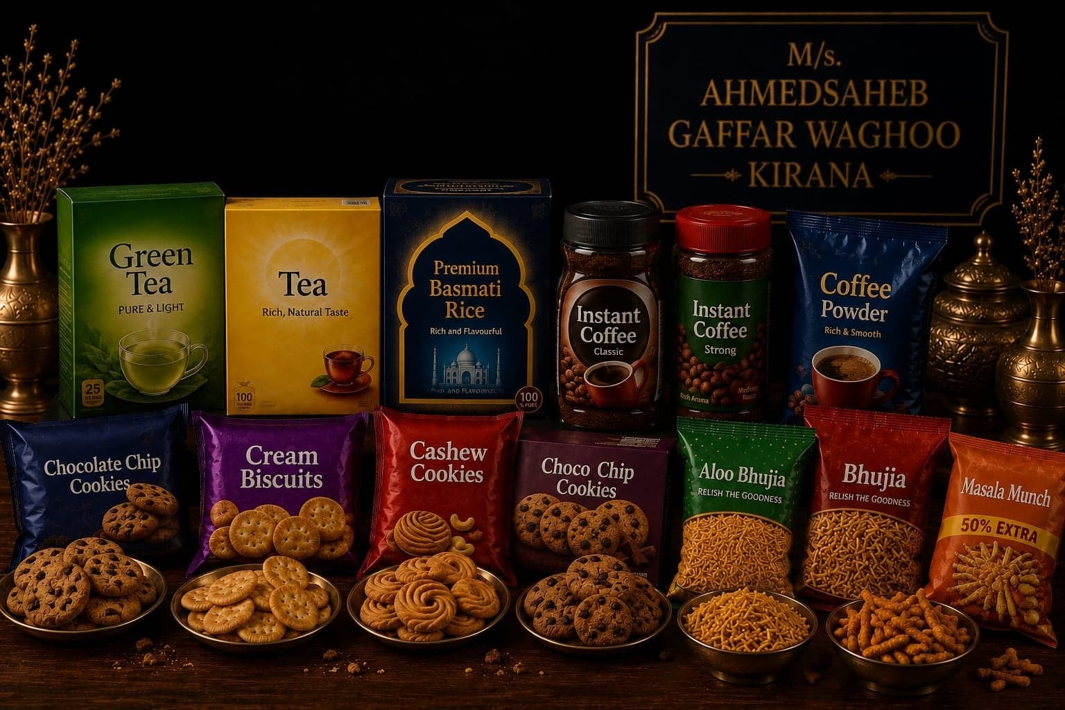 Packets of biscuits and snacks alongside tea and coffee tins.