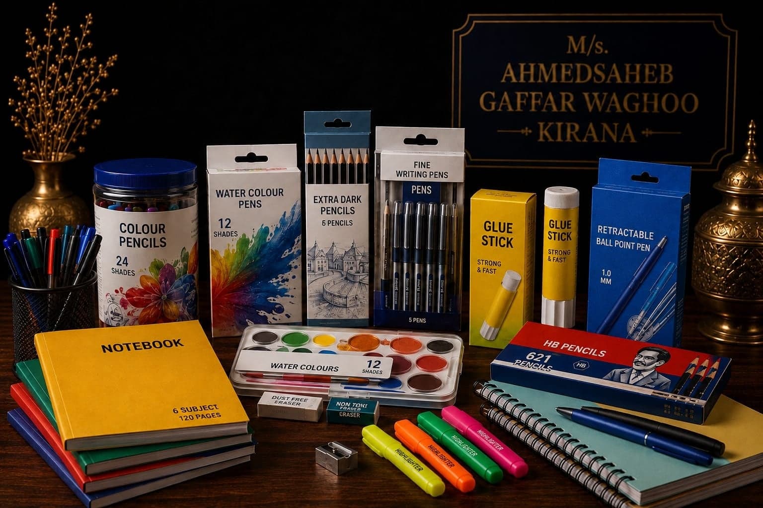 Notebooks, pencils, pens, and colours laid out on the counter.