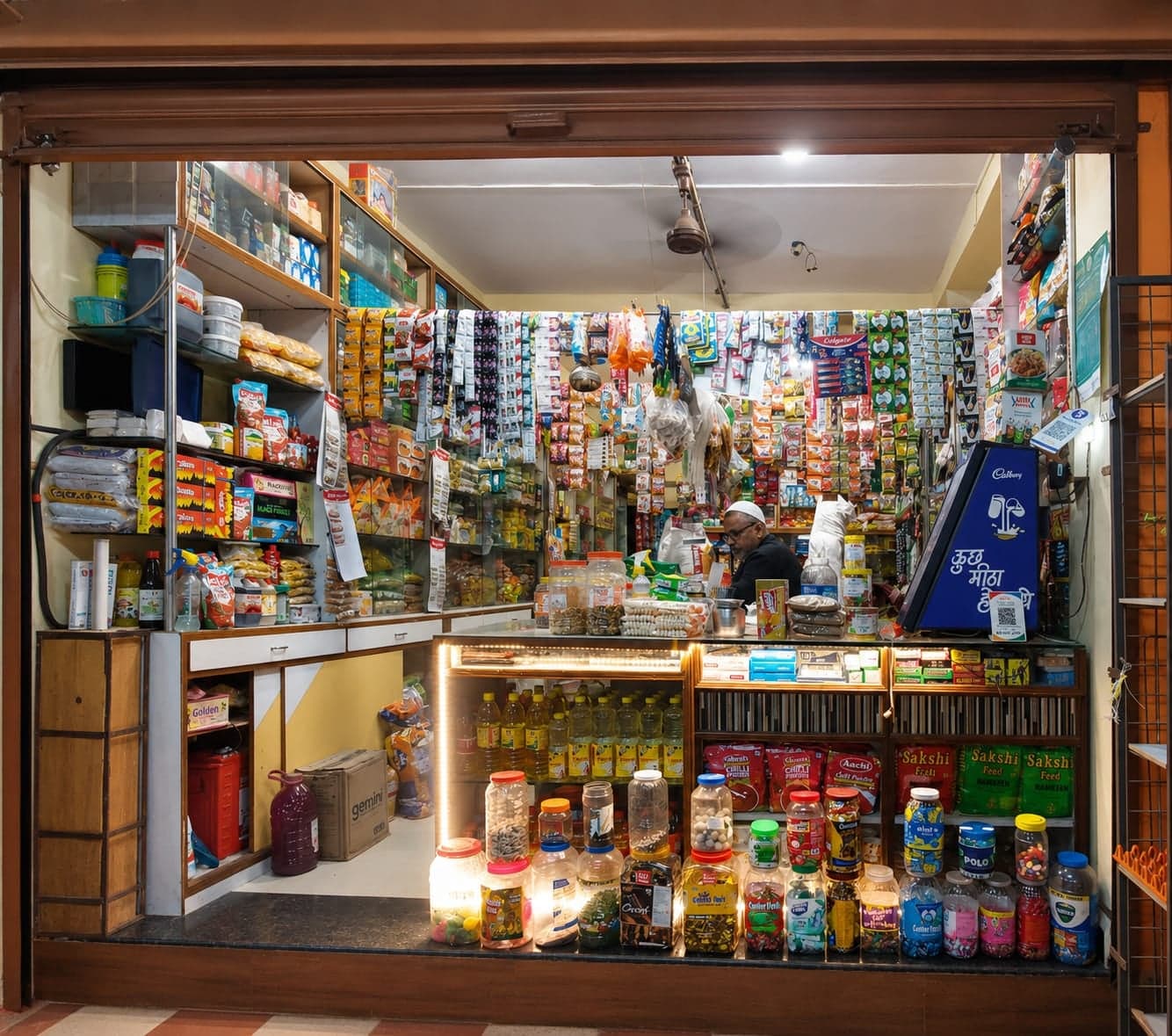 The front counter of the shop, stocked with packaged snacks and a beverage cooler.