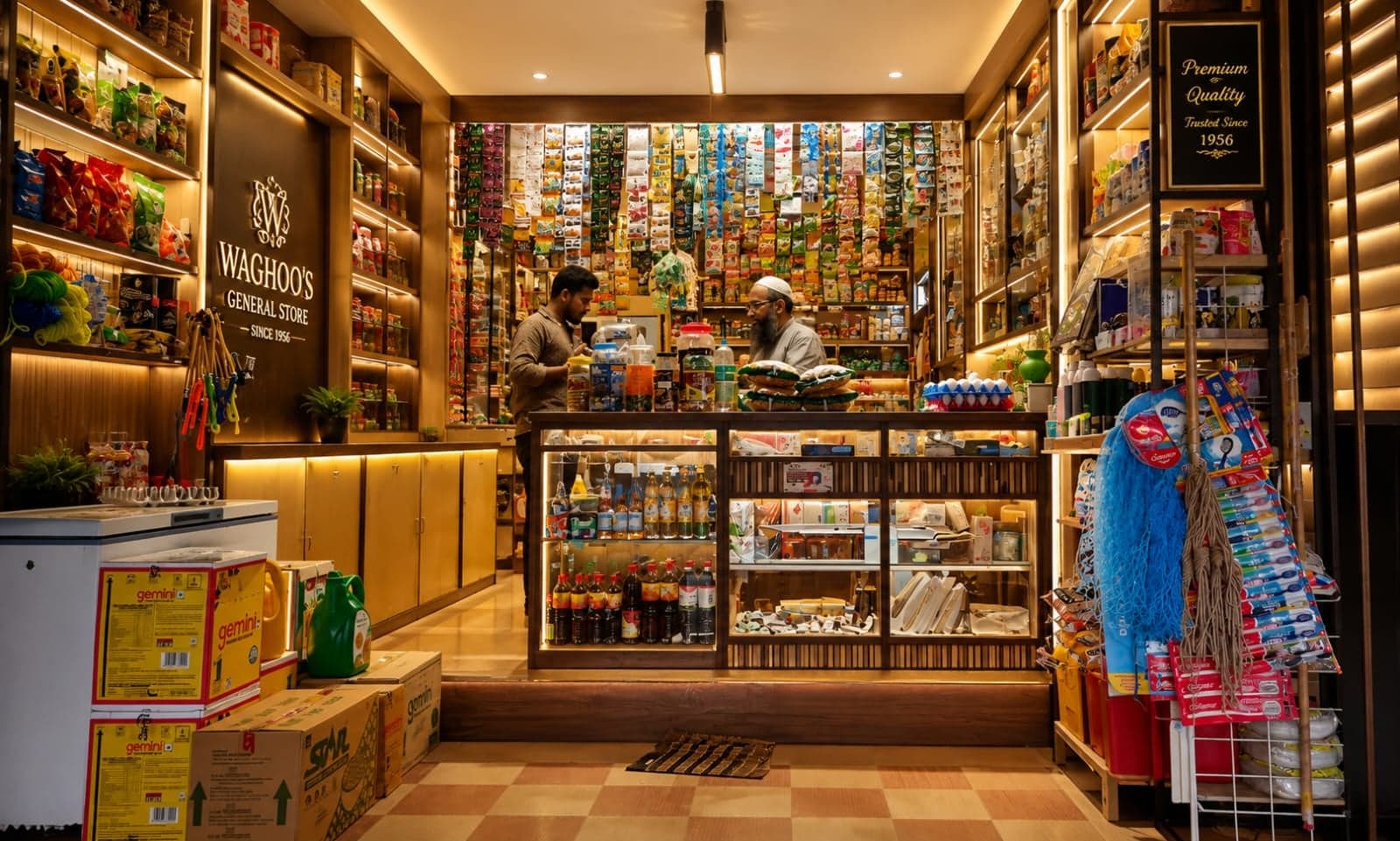 Inside the shop, with packaged snacks and household goods on the shelves, a chest freezer, and two family members at the counter.