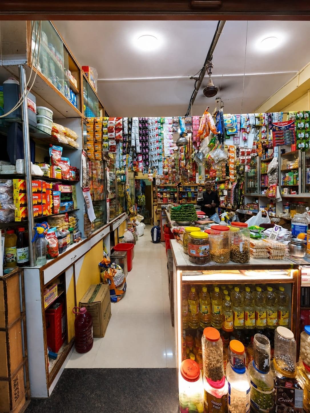 An aisle inside the shop lined with hanging packets of household and grocery items, with a family member at the counter.