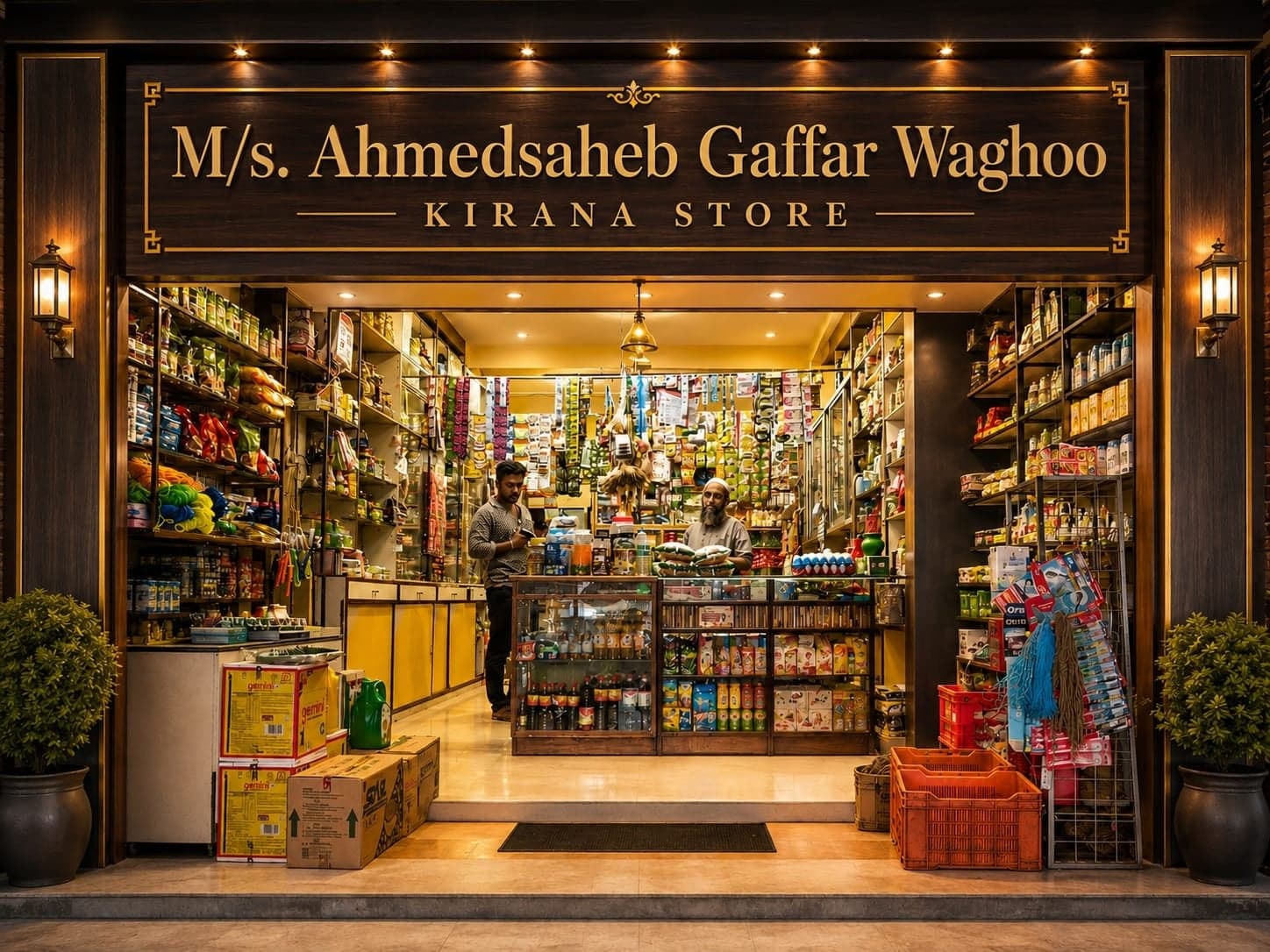 The shop's lit storefront in the evening, with the family's signboard above shelves stocked with groceries and daily essentials.